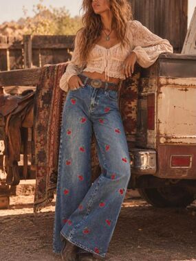 Ashley Mason Premium Flare Jeans with Cherry Embroidery